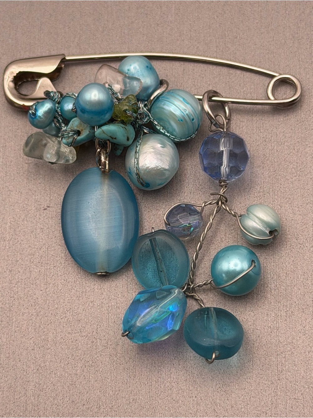 Ocean Blue Aqua Bead Cluster Safety Pin Brooch